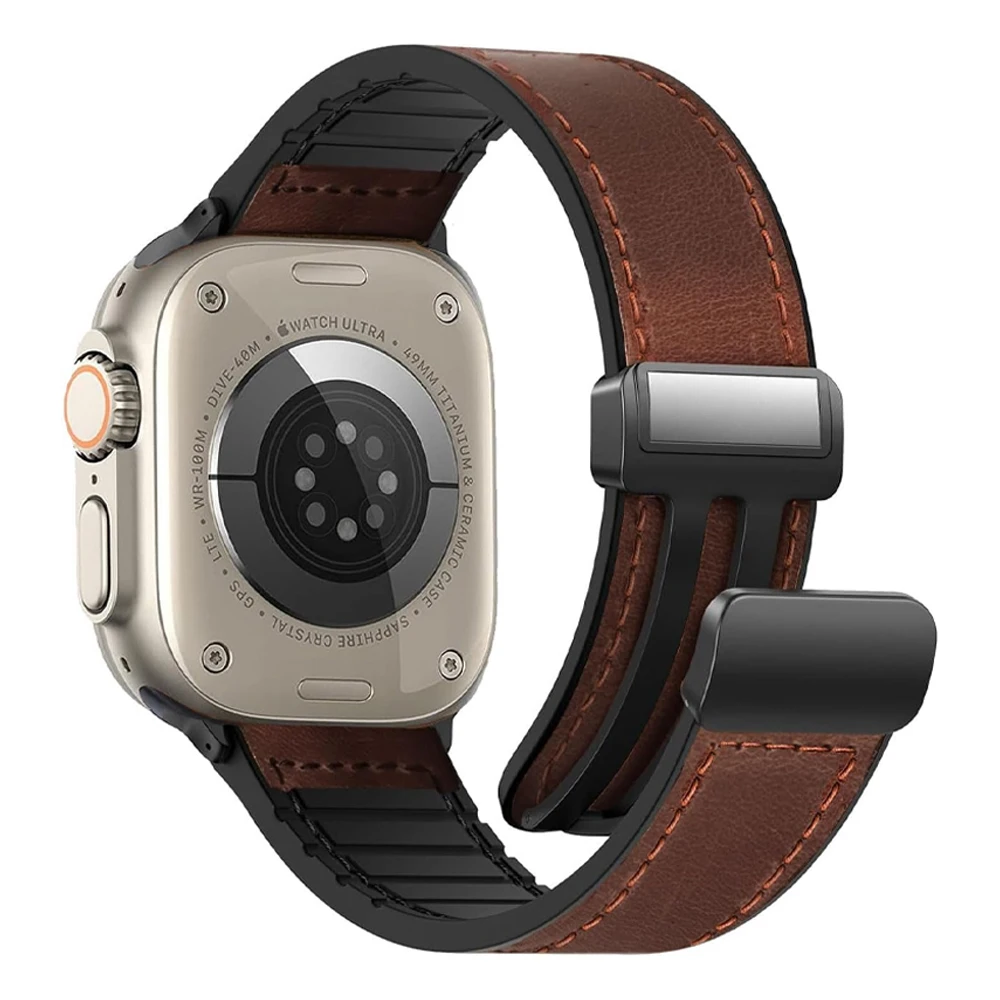 

Strap for Apple watch Ultra band 49mm 44mm 40mm 45mm 41mm Genuine Leather+Silicone bracelet correa iWatch series 9 8 7 6 5 2 SE