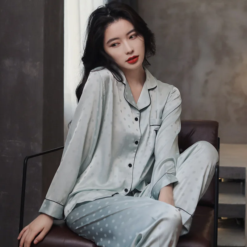 2023 New Pajamas Women's Spring and Autumn Summer Ice Silk Polka Dot Internet Celebrity Homewear Suit