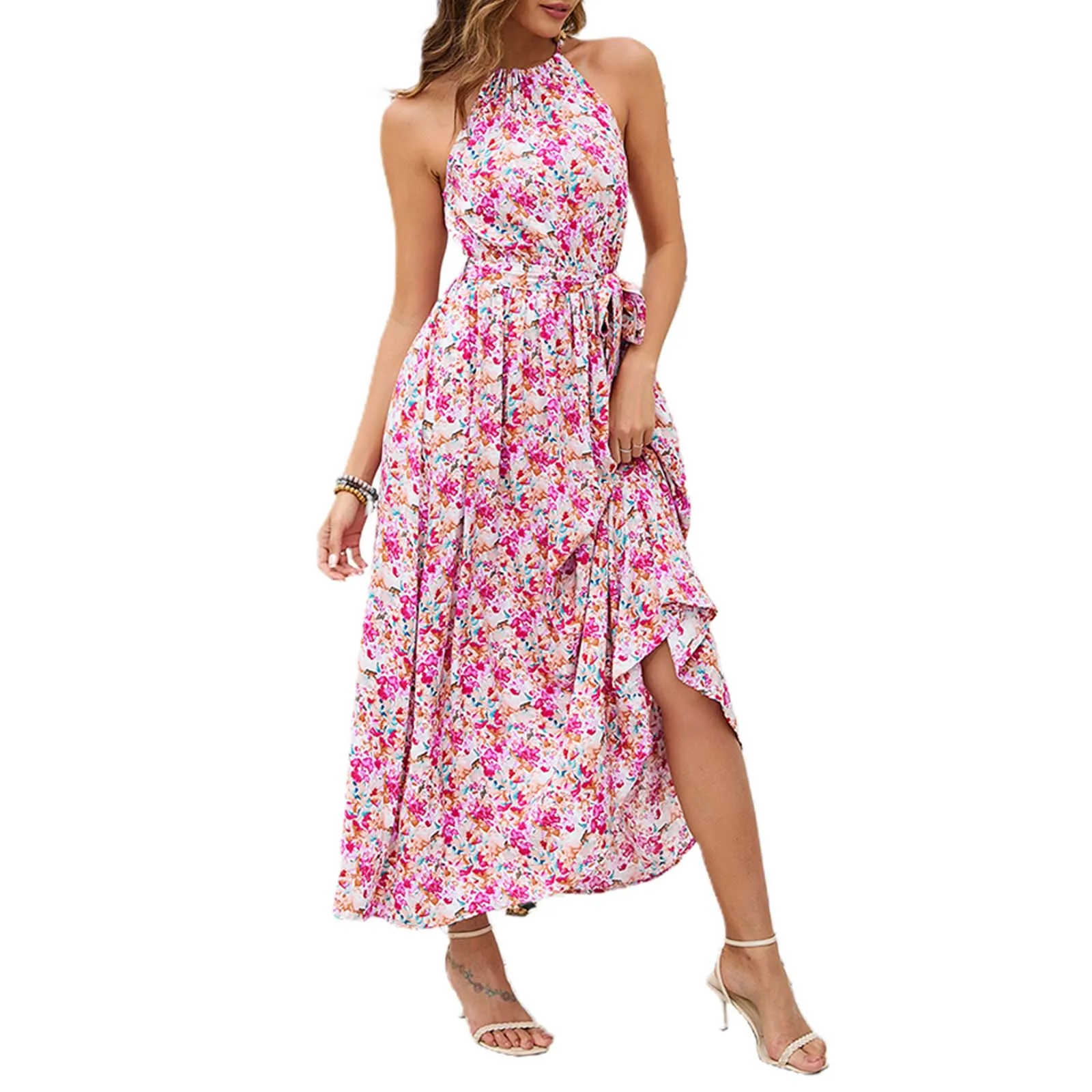 

Ladies Off Shoulder Pleated Printed Ruffled Length Skirt Pullover Sleeveless Printed Sexy High Waist A-line Beach Dress
