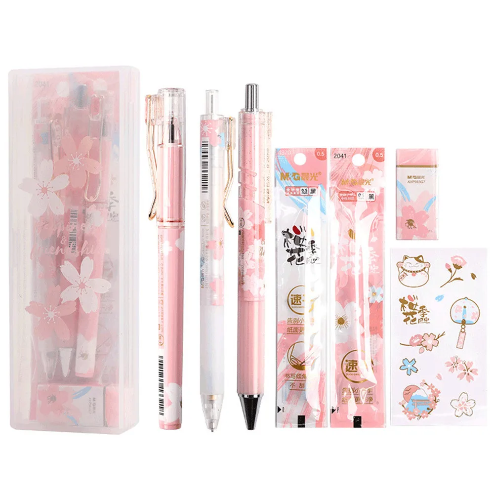 

8 PCS Cherry Blossom Gel Pen Set 0.5 Mm Gel Pen Mechanical Pencil with Eraser Cute Sticker Gift Stationery Box Office Supplies