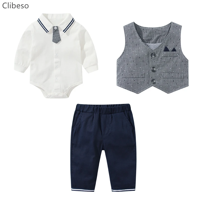 

Spanish Baby Boy 3Pcs Set Infant Cotton Lapel Bodysuit Waistcoat Pant Matching Outfit Gentleman Kids Clothes for Feast Baptism