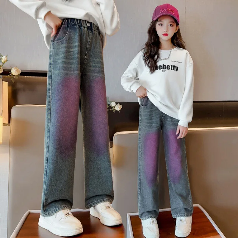 

Girls Jeans 2023 Spring Fall New Colorful Design Straight Wide Leg Pants Kids Trendy Teenage School Casual Children's Trousers 8