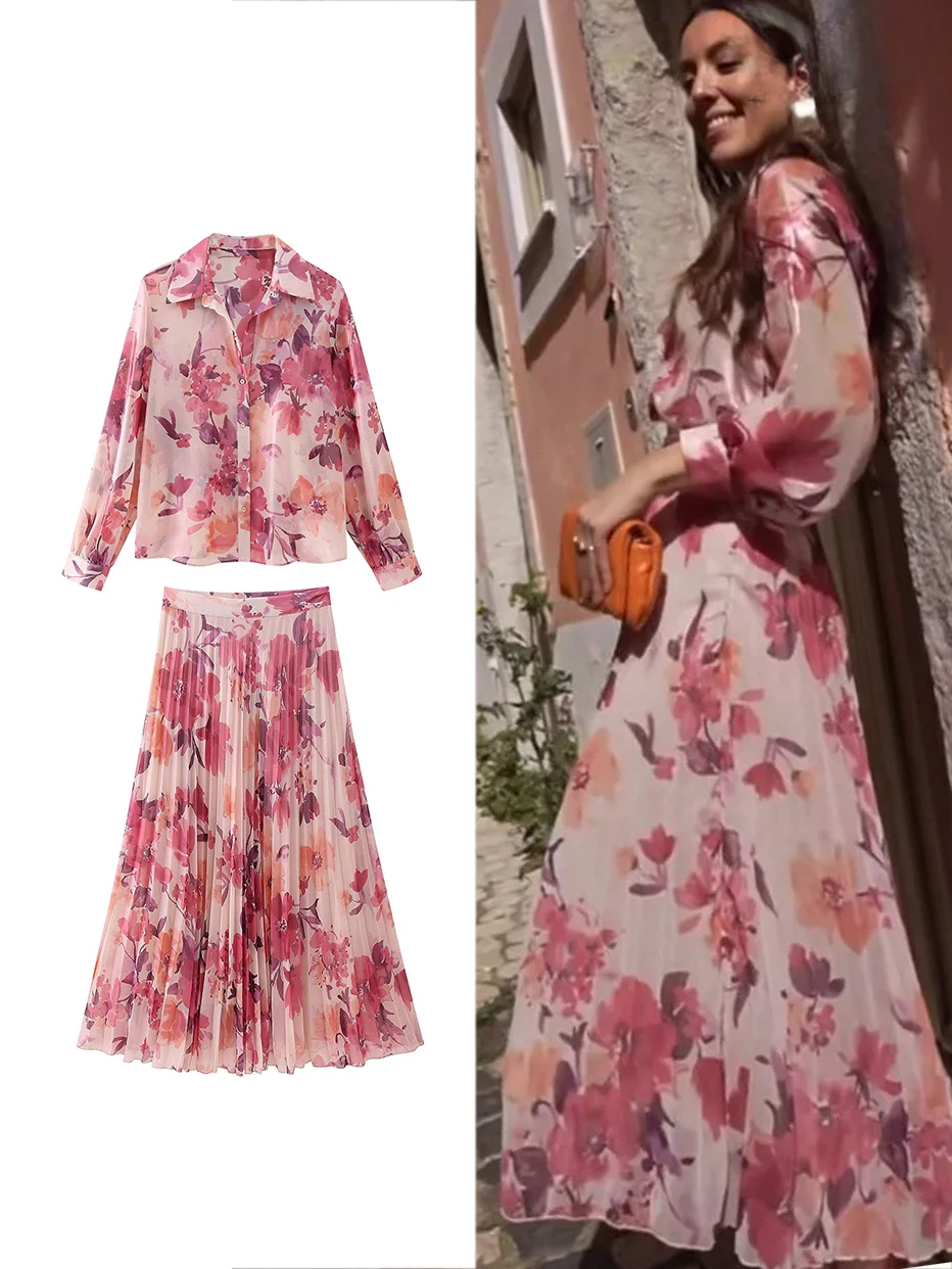 Trafza Женская Повседневная Рубашка С Цветочным Принтом И Плиссированной Юбкой