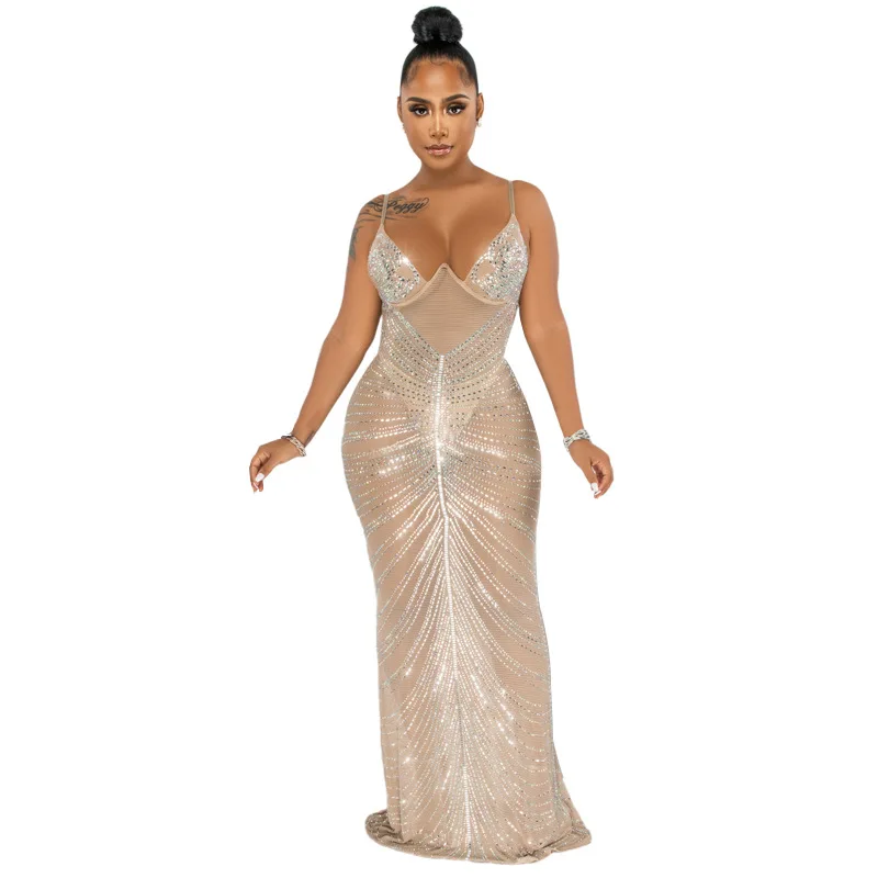 

Женское платье на бретельках со стразами, без рукавов, с открытой спиной, новинка 2022, модные сетчатые прозрачные сексуальные платья макси ...