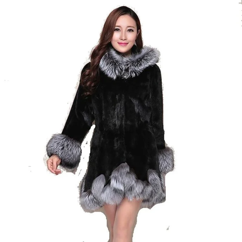 Christmas Faux Fur Coat Women Autumn Mink Coats Fox Fur Collar Hooded Jacket Oversized Tops Fur Jackets Female Winter Clothes