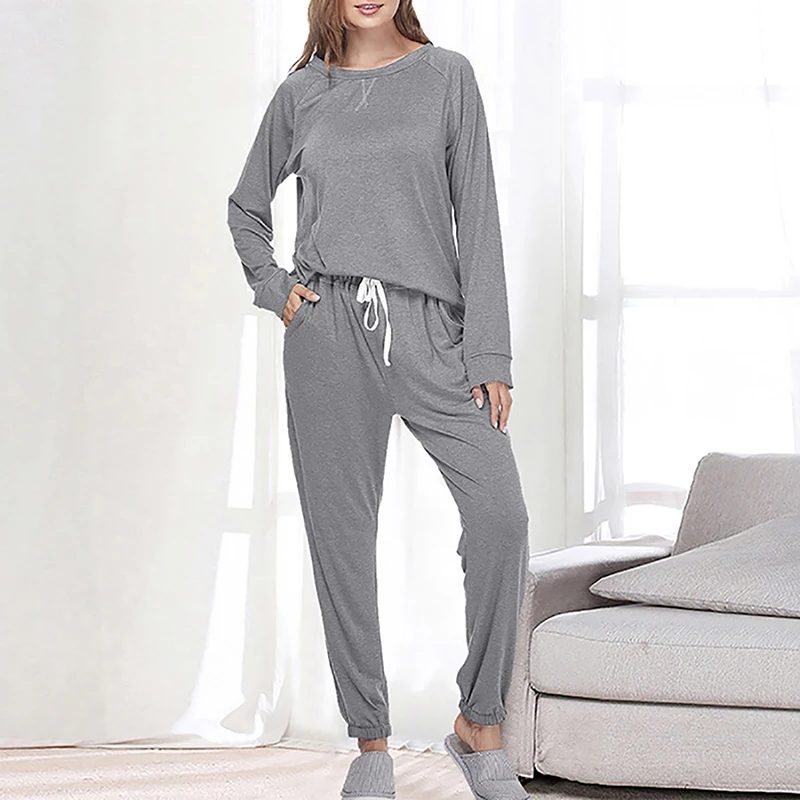 

Puimentiua Women 2pcs Homewear Set Solid Color Soft Comfortable Pajamas Long Sleeve Top Elastic Waist Drawstring Pants Tracksuit
