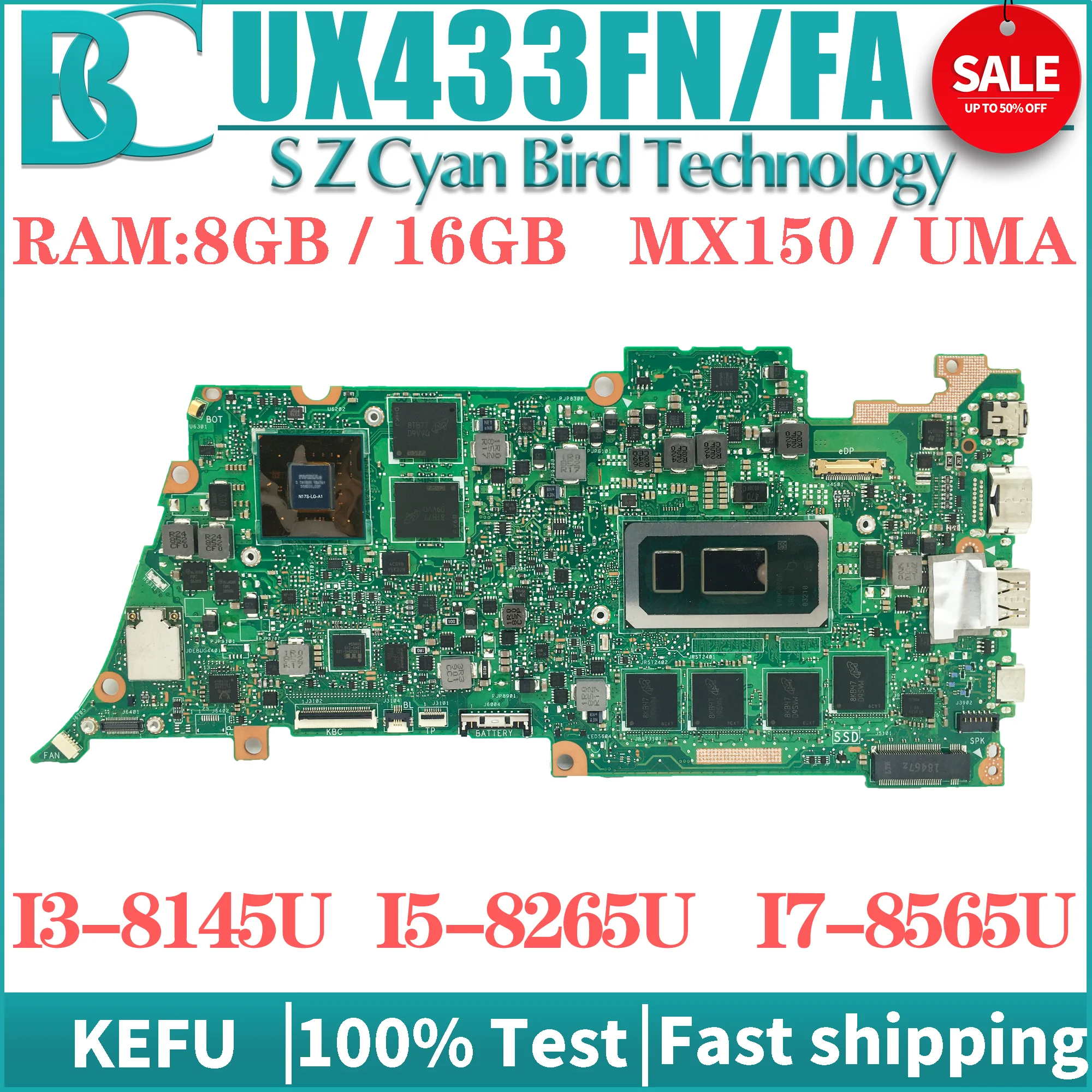 

Notebook UX433F Mainboard For ASUS ZenBook 13 UX433FN UX433FA UX433 Laptop Motherboard CPU I3 I5 I7 8G/16G-RAM MX150/UMA-GPU