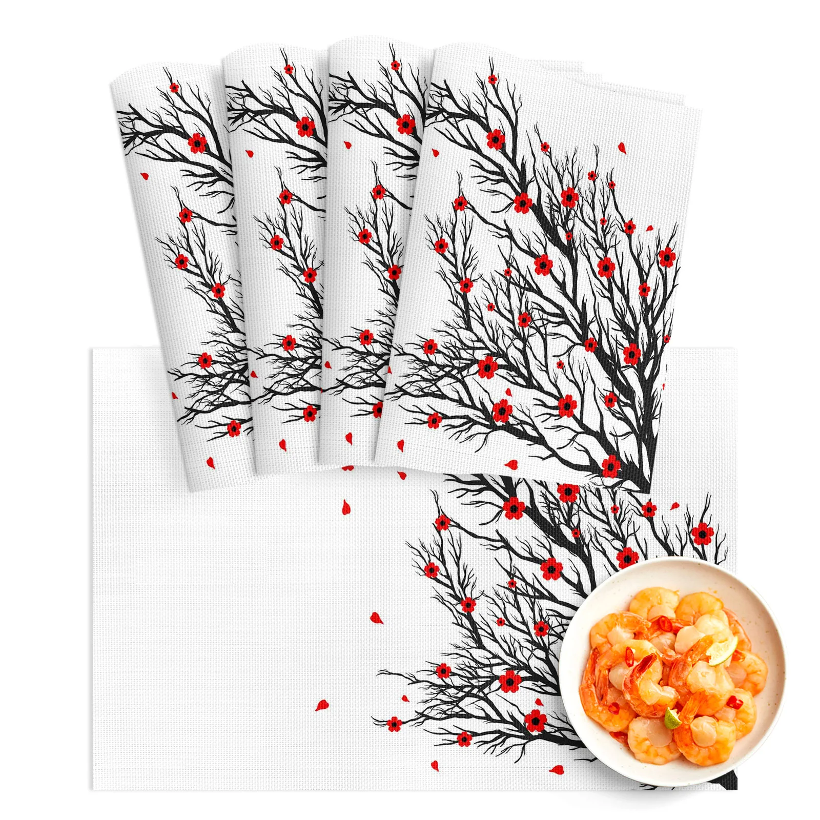 

4/6Pcs Table Mat Black Branch Red Flower Bowl Pad Coaster Set PVC Dining Table Placemats Home Decoration Kitchen Accessories