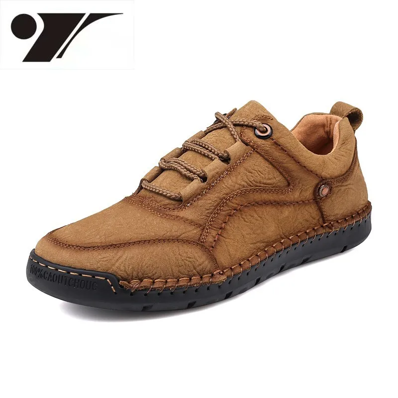 Fashion First Layer Cowhide Hand-Stitched Genuine Leather Shoes Men's Non-Slip Soft Bottom Wear Resistance Casual Shoes