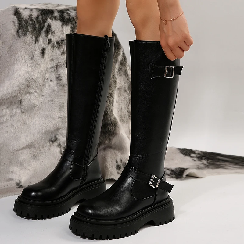 

Lucyever Fashion Buckle Knee High Boots Women 2023 Side Zipper Punk Knight Combat Boots Woman Pu Leather Thick Heels Long Botas