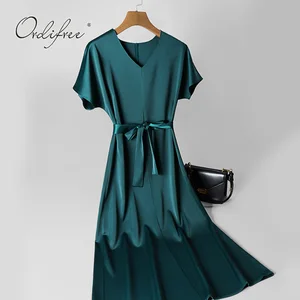 Ordifree 2022 Summer Elegant Women Satin Dress Short Sleeve Belted Office Ladies Green Black Silk Midi Dress