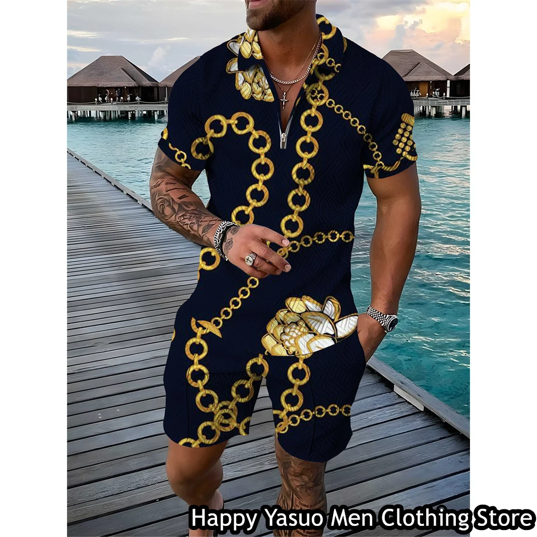Luxury Chain Polo Set Men Summer Fashion Tracksuit Casual High-End Polo Shirt Shorts Suit Vintage Vacation Outfit Male Clothing