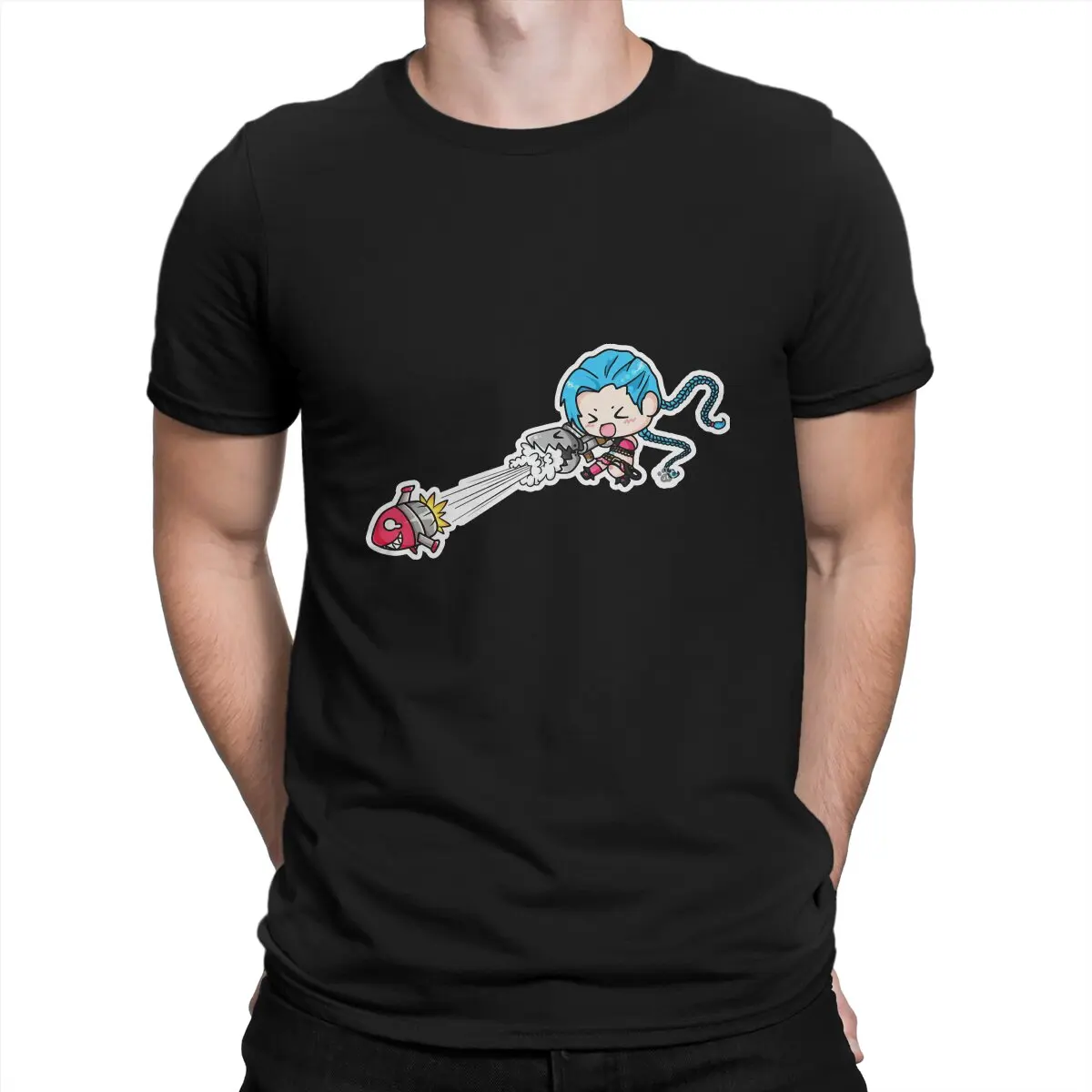 

Funny Cute Sticker Jinx T-Shirt Men Crewneck Pure Cotton T Shirts Arcane League of Legends LOL Anime Short Sleeve Tee Shirt