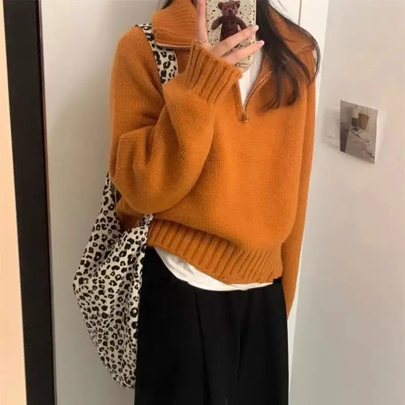 Осень/зима новый однотонный свободный популярный пуловер с отложным воротником