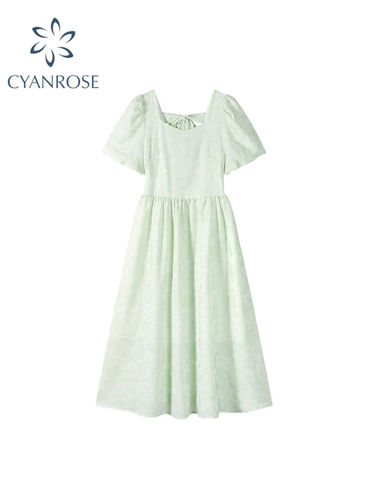 

French Vintage Women's Midi Dress Puffer Sleeve Square Collor Casual Elegant Chic A-line Frocks Female Korean Dress 2022 Summer