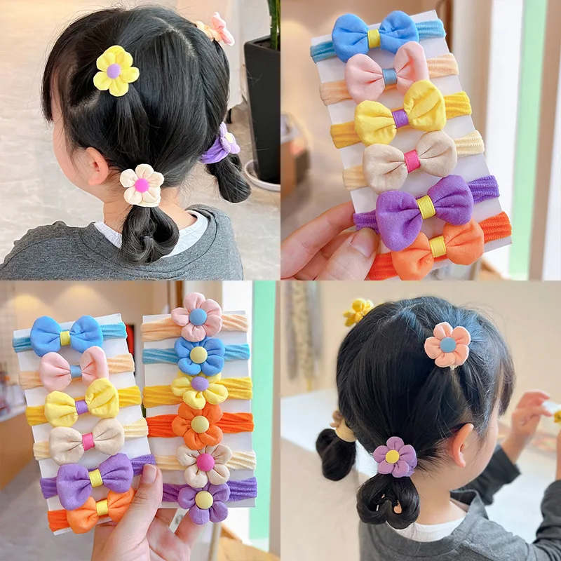 

6Pcs/lot Baby Flower Bows Hair Bands Sweet Floral Bowknot Girls Rubber Band Hair Ties Ponytail Holder Scrunchies Accessories