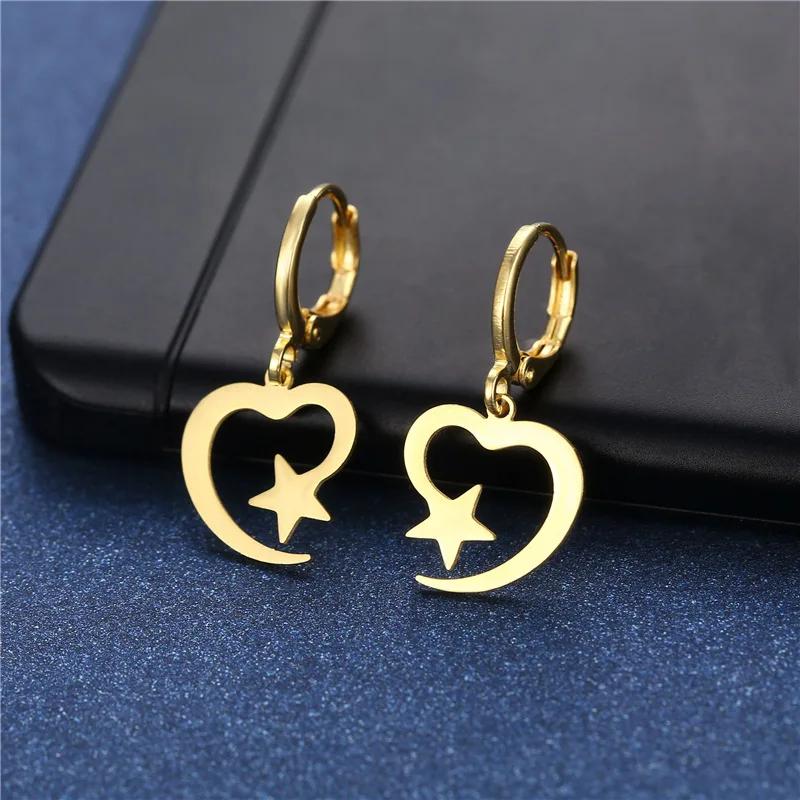 

New Simple Statement Heart-shaped Star Hoop Earring for Women Girls Trendy Stainless Steel Korean Fashion Couple Short Earrings