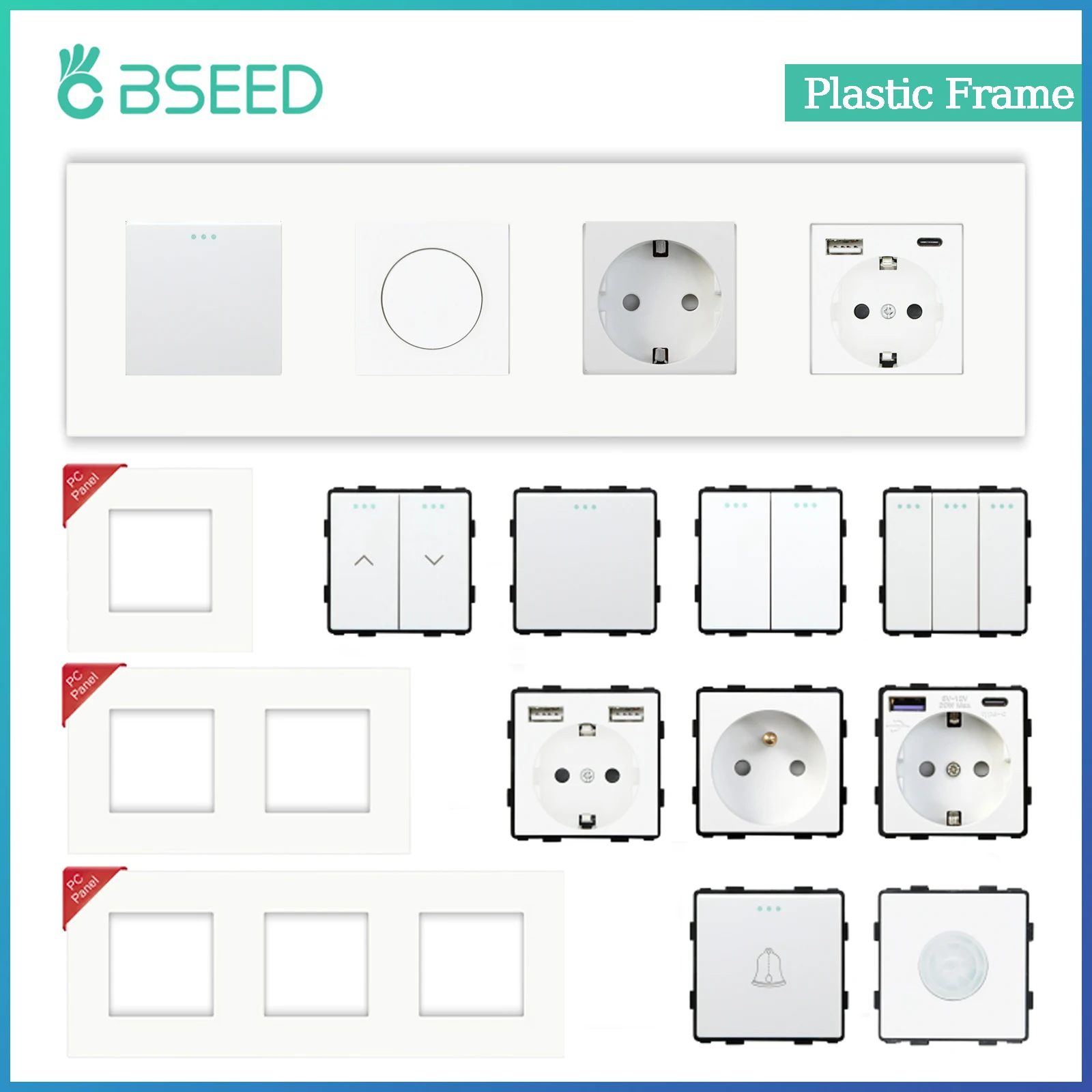 BSEED Taste Licht Schalter Teil 1/2/3Gang 1/2Weg Kunststoff Panel Teile Steckdose USB Typ-C Port EU Standard DIY Kombination