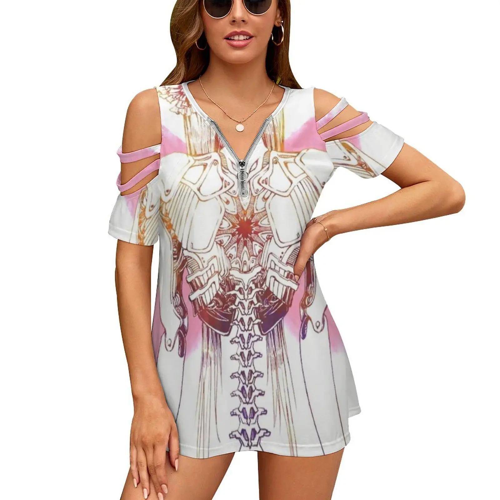 

Женская летняя футболка с V-образным вырезом и цветочным принтом