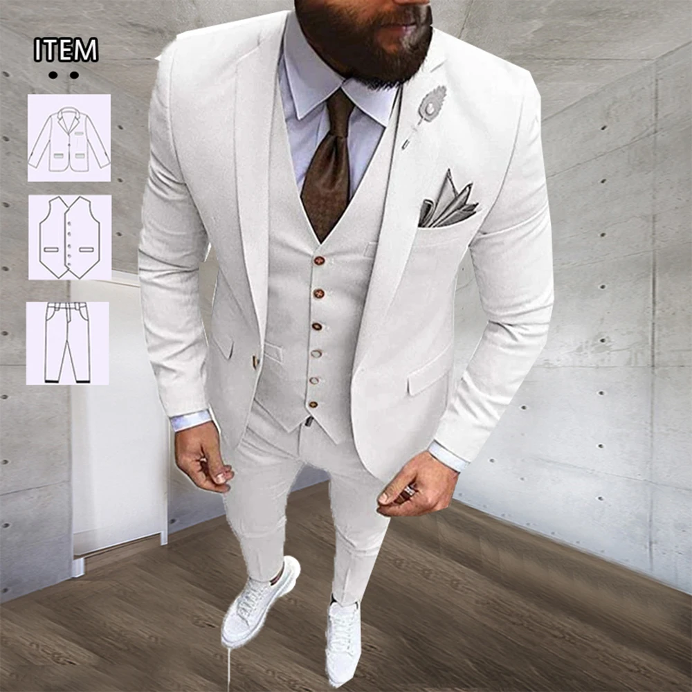 

Formal Men's Suits Slim Fit 3 Pieces Solid Groom Tuxedos Business Office Work Wear Man Clothing Plus Size Jacket Vest Pants 2023