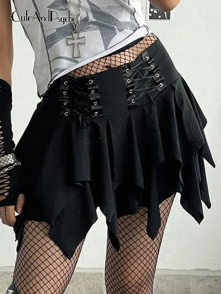 

Cuteandpsycho Mall Goth Sexy Pleated Mini Skirts Lace-up Chic Fashion Solid Irregular Cute Outfits Sexy Clubwear Harajuku Skirt