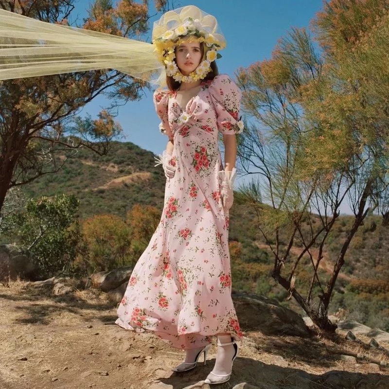 

Floral Pink Vacation Printed Bohemian Maxi Dresses for Women 2023 Summer Vintage V-neck Puff Sleeve Long Dress Chiffon Vestidos