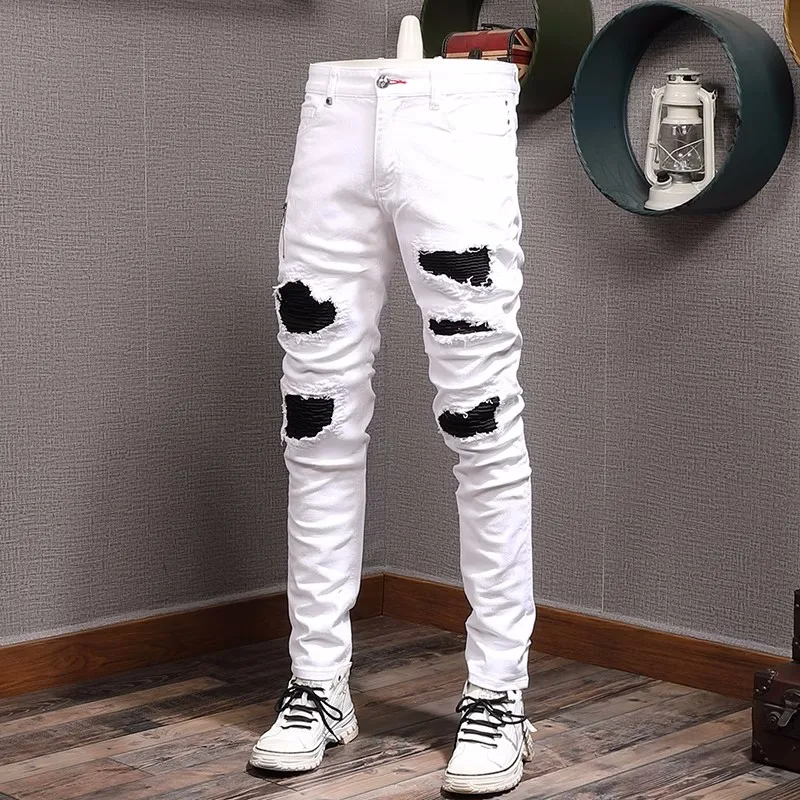 Street Fashion Men Jeans White Elastic Stretch Skinny Ripped Jeans Men Zipper Designer Black Patched Hip Hop Brand Pants Hombre