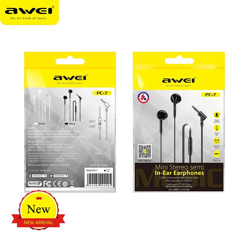 Awei Brands 3.5mm Stereo In-Ear Headphones Sport Music Earbud Handfree Wired Headset Earphones with Mic for Xiaomi Huawei iphone enlarge