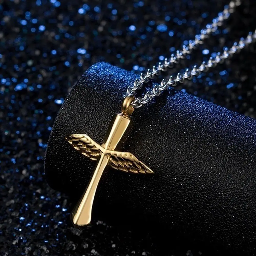 

Titanium Steel Angel Wings Cross Memorial Necklace Funeral Keepsake For Ashes Cremation Urn Vial Pendant Necklaces Jewelry