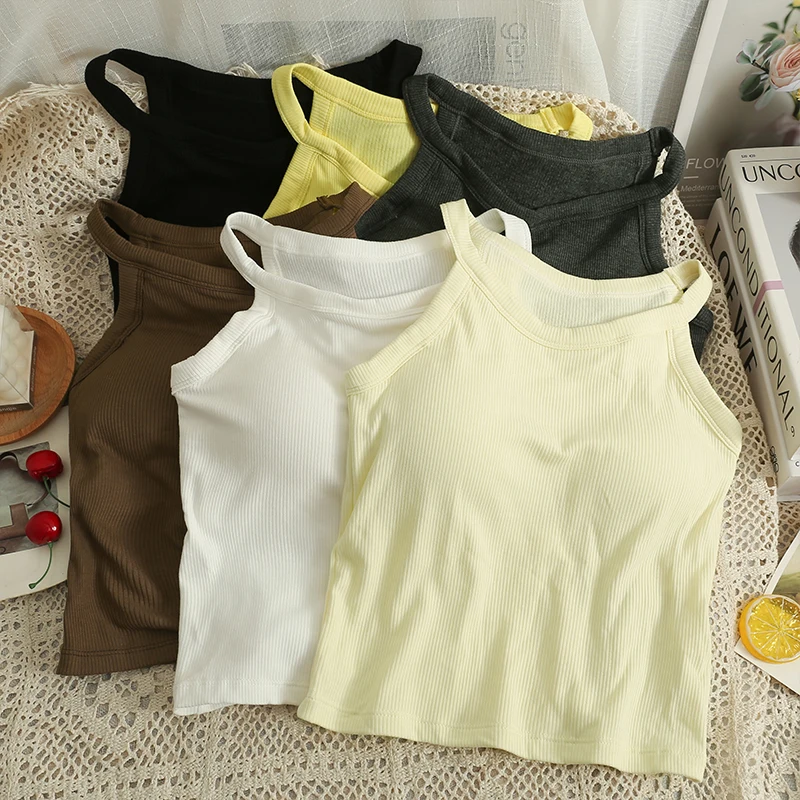 

Женская майка без рукавов с открытыми плечами, эластичная хлопковая майка с винтовой нитью, с нагрудными подушечками, корсет, Женский бюстье с круглым вырезом