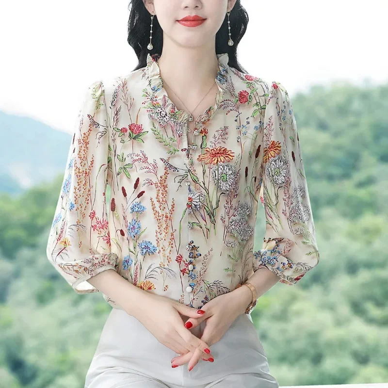 Шифоновая винтажная женская рубашка летняя повседневная блузка с принтом