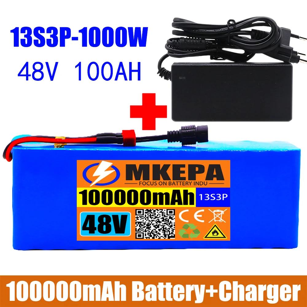 

13S3P 48V 100000mAh Lithium-ion Battery Pack 100Ah 1000W for 54.6V E-bike Electric Bicycle Scooter with BMS+2A Charger