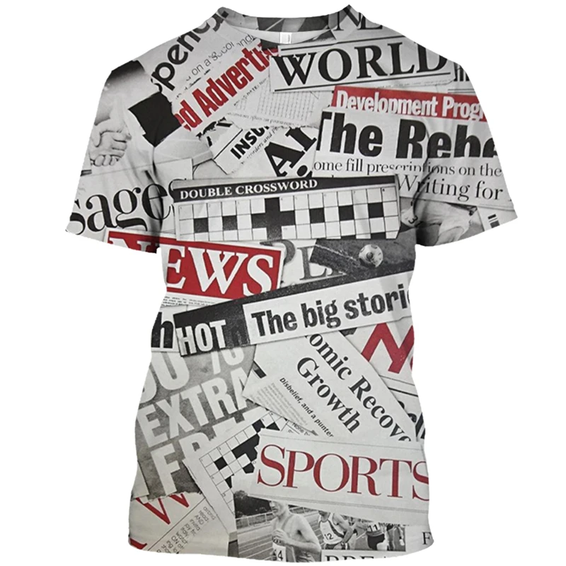 

Vintage Men T Shirt 3D Printed News Newspaper Summer Fashion T-Shirt Simple Short-sleeved Plus Size Shirts For Man Tops Clothes