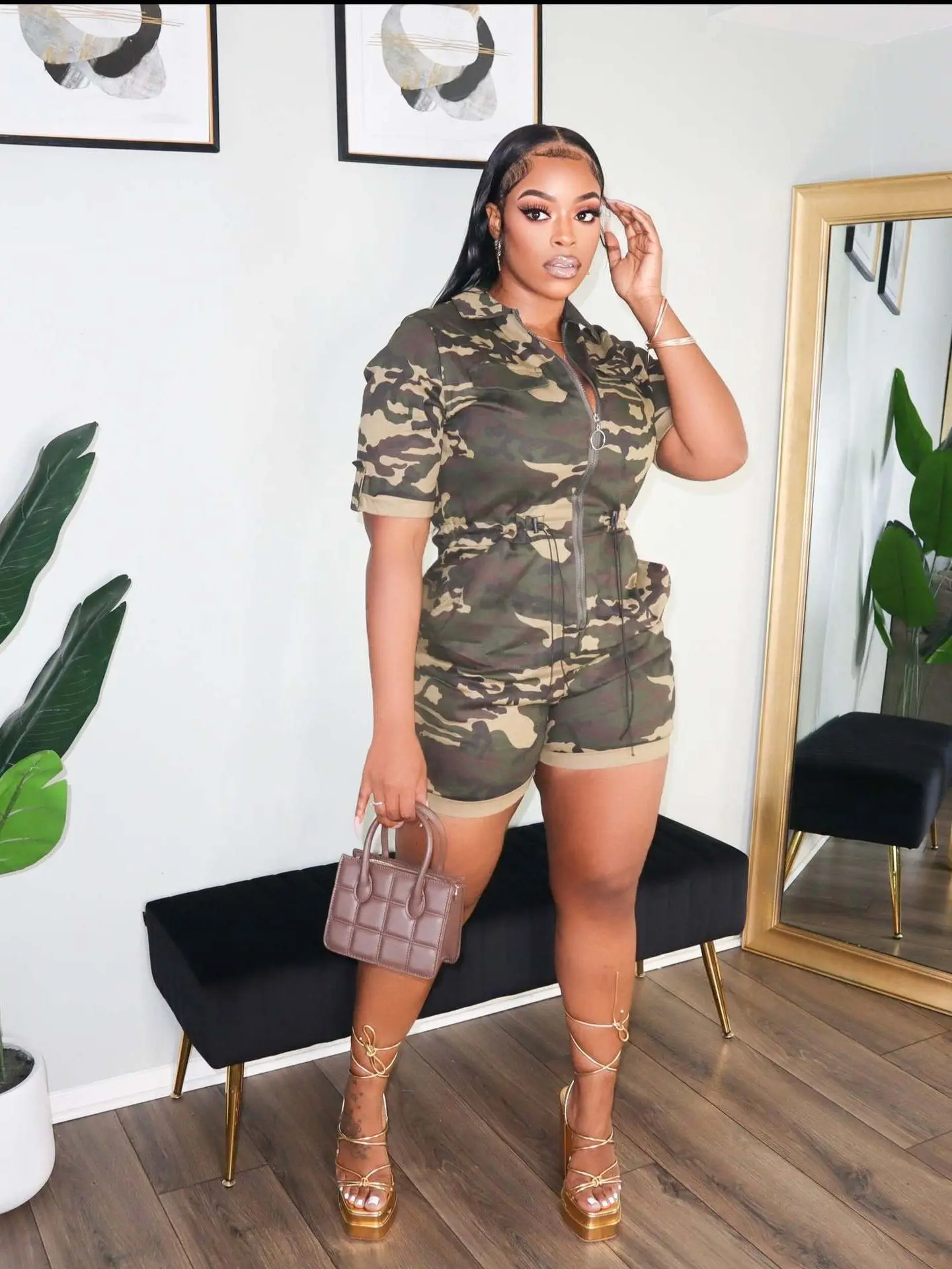 Plus Size Women Zipper Jumpsuit Camo Print V Neck One Piece Cloth Female Short Pants 2023 Summer Fashion Elegant Jumpsuit