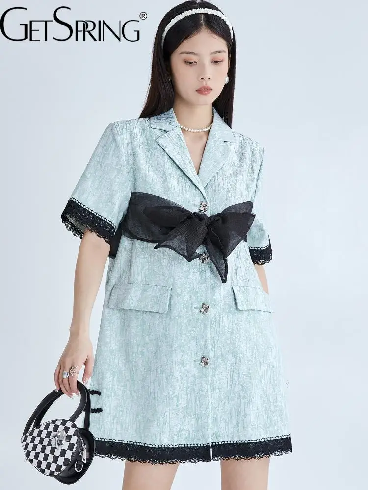 

GetSpring Women Dress Retro Color Matching Bow Lace Up Notched Collar Blazer Dress Fashion Loose Leisure Girls Short Dresses New