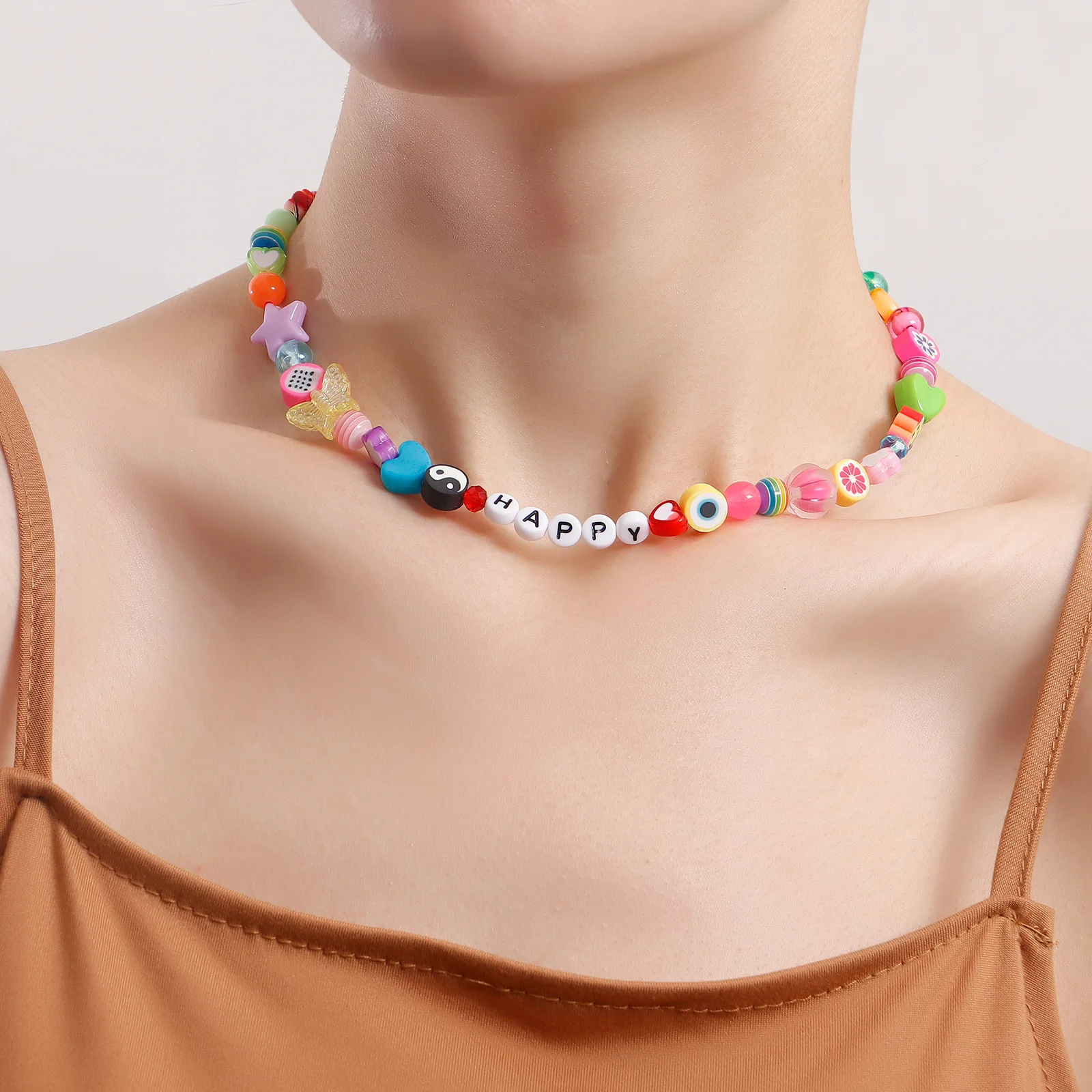 Bohemia Clay Acrylic Fruit Smiley Pearl Beaded Alphabet Beads Choker Necklace for Women Men Harajuku Trendy Y2k Jewelry Gift images - 6