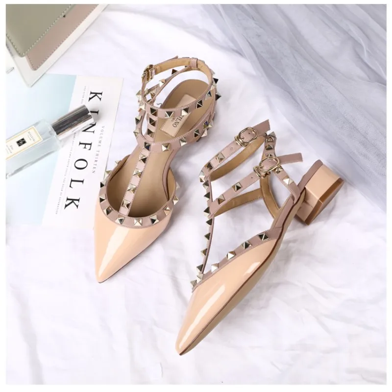 Luxury High Quality Pointed Rivet Sandals Pumps 2023 Genuine Leather New Versatile Bare Feet Lace Up Square Heels Women's Shoes