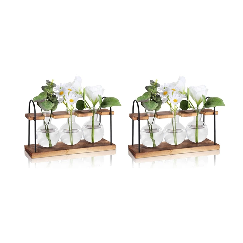 2X Plant Propagation Station With Wooden Stand,Plant Terrarium Desktop Propagation Stations,Air Planter Bulb Glass Vase