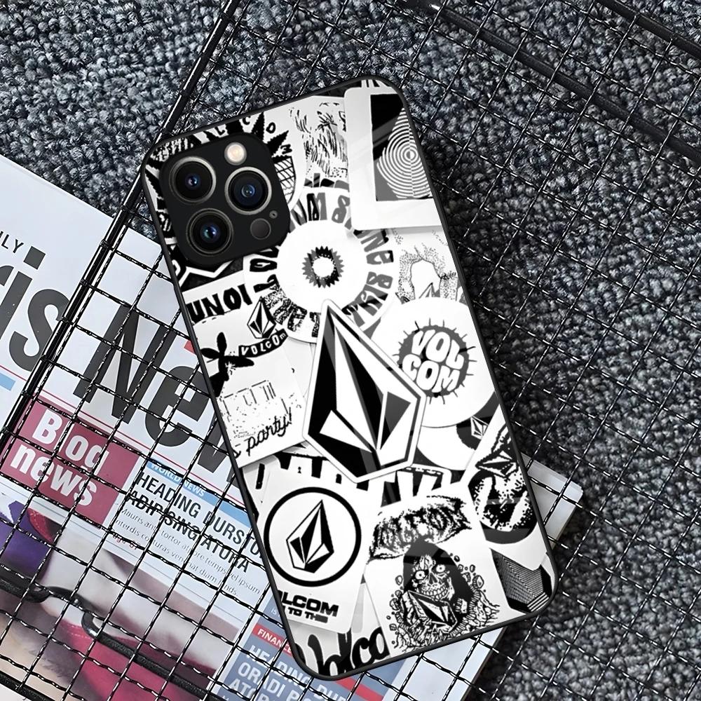 V-Volcom Logo Phone Case For IPhone 16 15 14 Pro 11 13 12 Mini XS XR Max 6 8 7 Plus SE Glass Luxury Design Cove