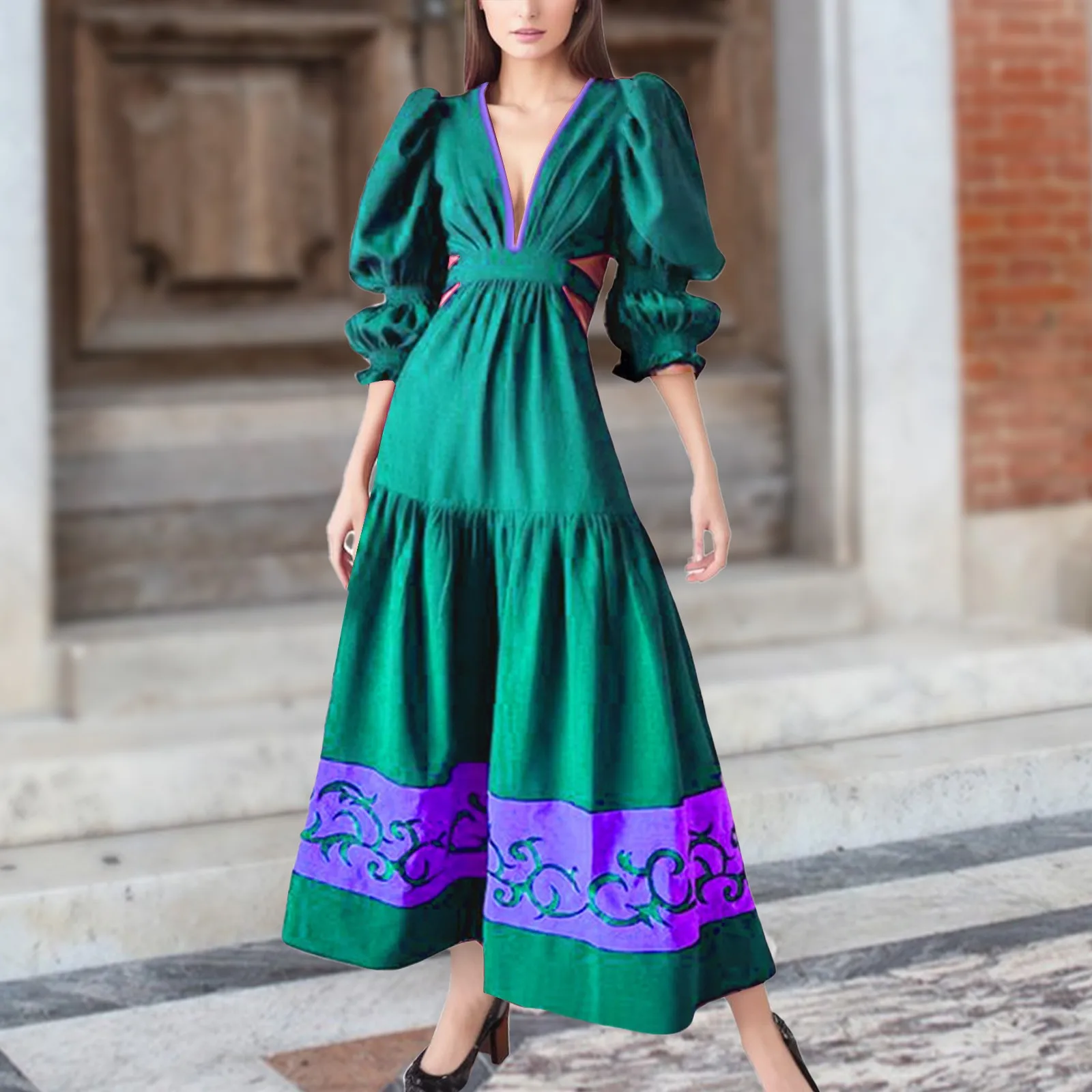 

Женское летнее платье-макси с рукавами-фонариками и V-образным вырезом