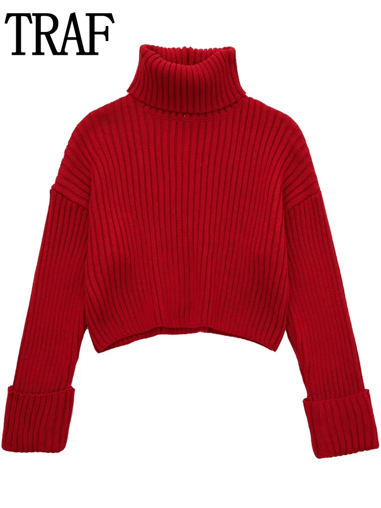 

TRAF Cropped Red Sweater Turtleneck Women Black Knitted Sweater Woman Winter 2022 Streetwear Long Sleeve Crop Knit Woman Jumper