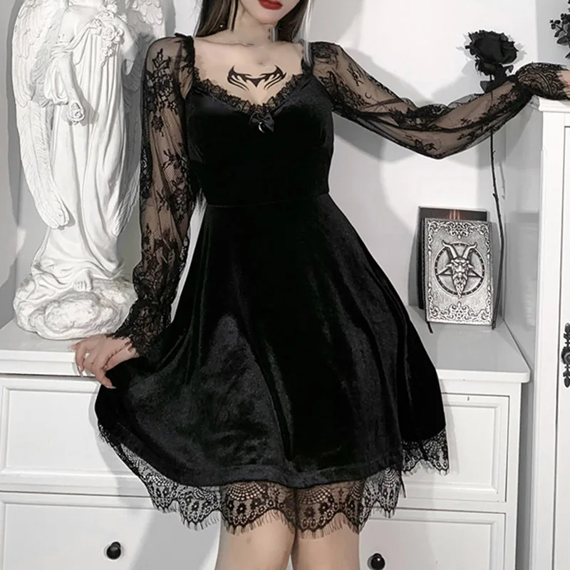 

Retro Black Long Sleeve Mini Dress Women Gothic Streetwear Female Dress Elegant Vintage Party Dress Sexy Lace Dresses Mujer
