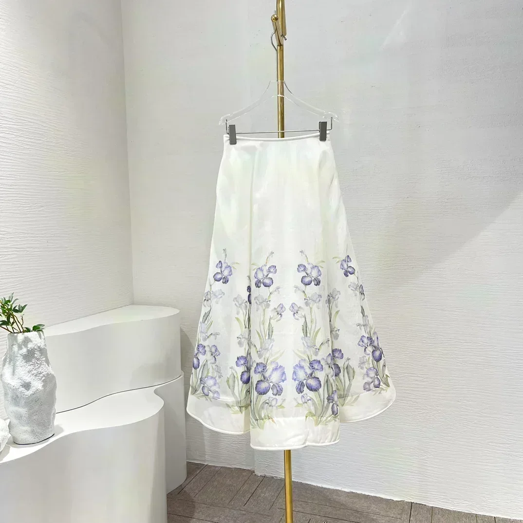 Высочайшее качество 2024 шелковая льняная блузка белого и синего цвета с цветочным