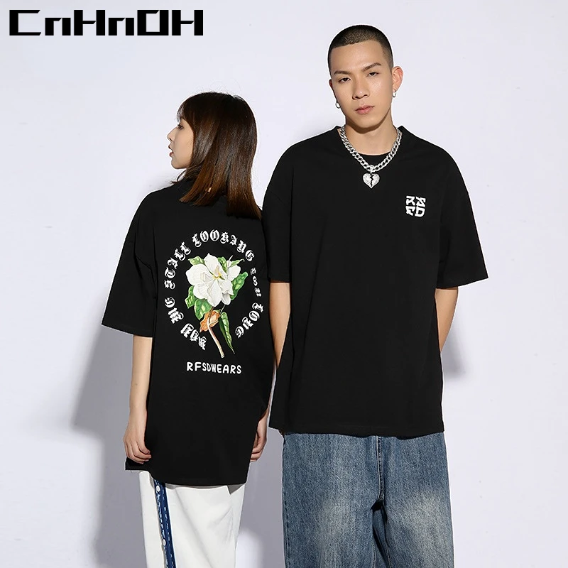 CnHnOH Streetwear Spring and Summer New Trendy Brand Street Loose Lotus Print Men's Round Neck Short-sleeved T-shirt