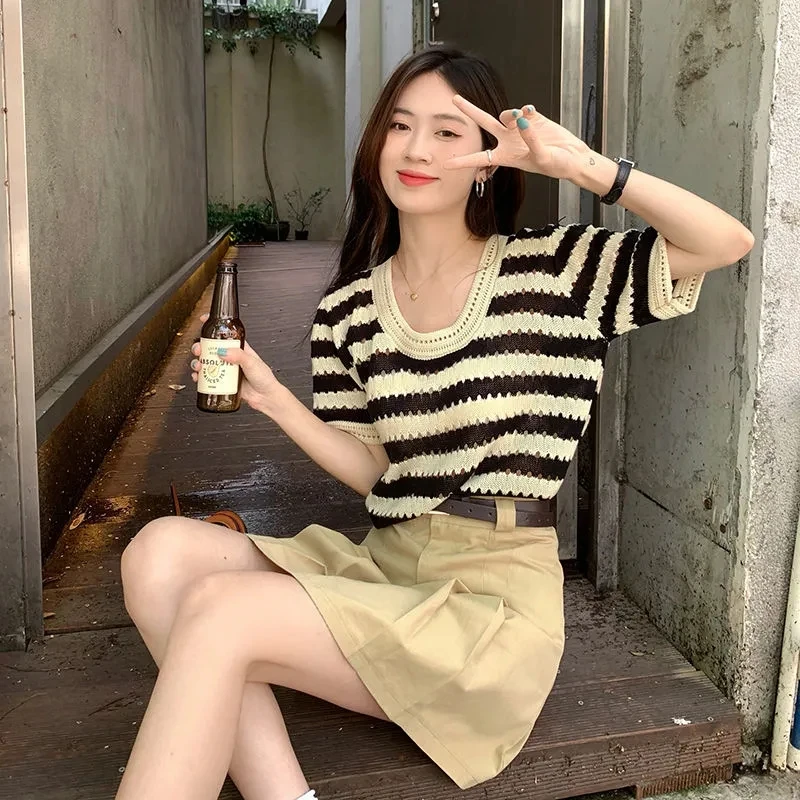 

Vintage Striped Knit Short Sleeve T Shirt Loose Hollow Out Urbane Aesthetic Summer Blouses For Women 2023 Free Shipping