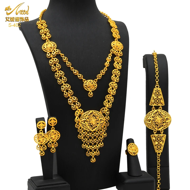 ANIID Indian Fashion 24K Gold Plated Necklace Bracelet Jewellery Set Moroccan African Women Bridal Weddings Party Jewelry Gifts