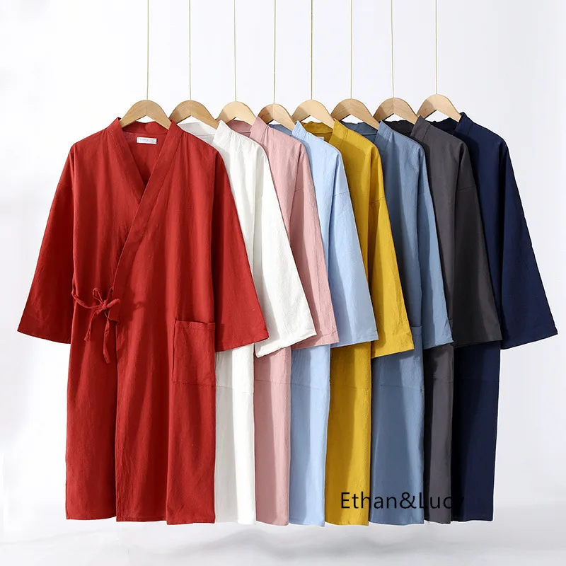 

Robe Couple Washed Long-sleeved Bathrobe Men Ramie Loose Kimono Japanese Cotton For Women Ladies Robes And Nightwears Nightgown