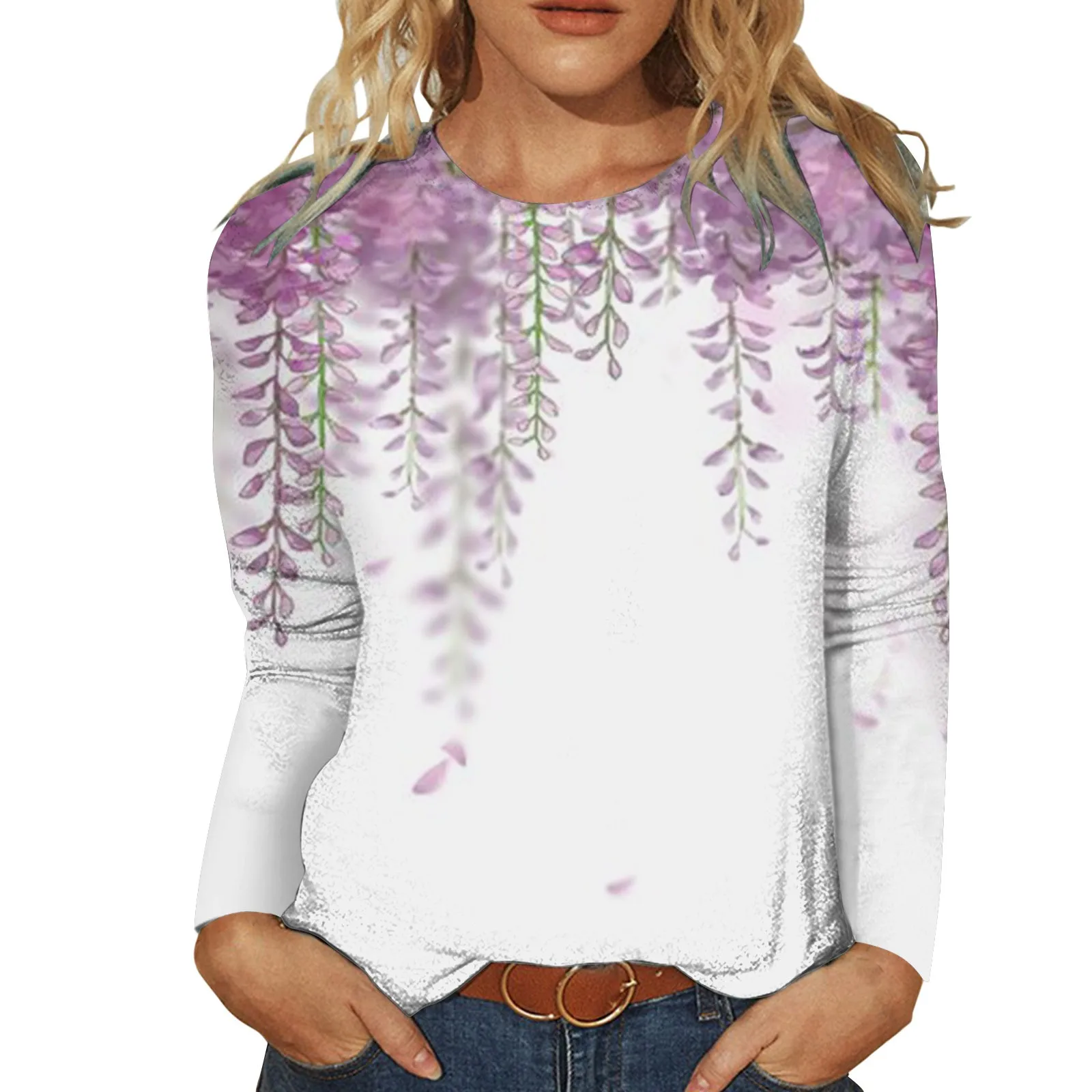 

Printed Shirt For Womens Casual Autumn Winter Long Sleeves Tops Round Neck Tee Tunic Flower Loose Side Plain Tees for Women