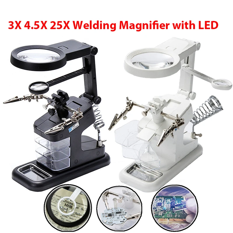 

3X 4.5X 25X Welding Magnifying Glass with LED Light Magnifier Lens Auxiliary Clip Loupe Desktop Magnifier Soldering Repair Tool