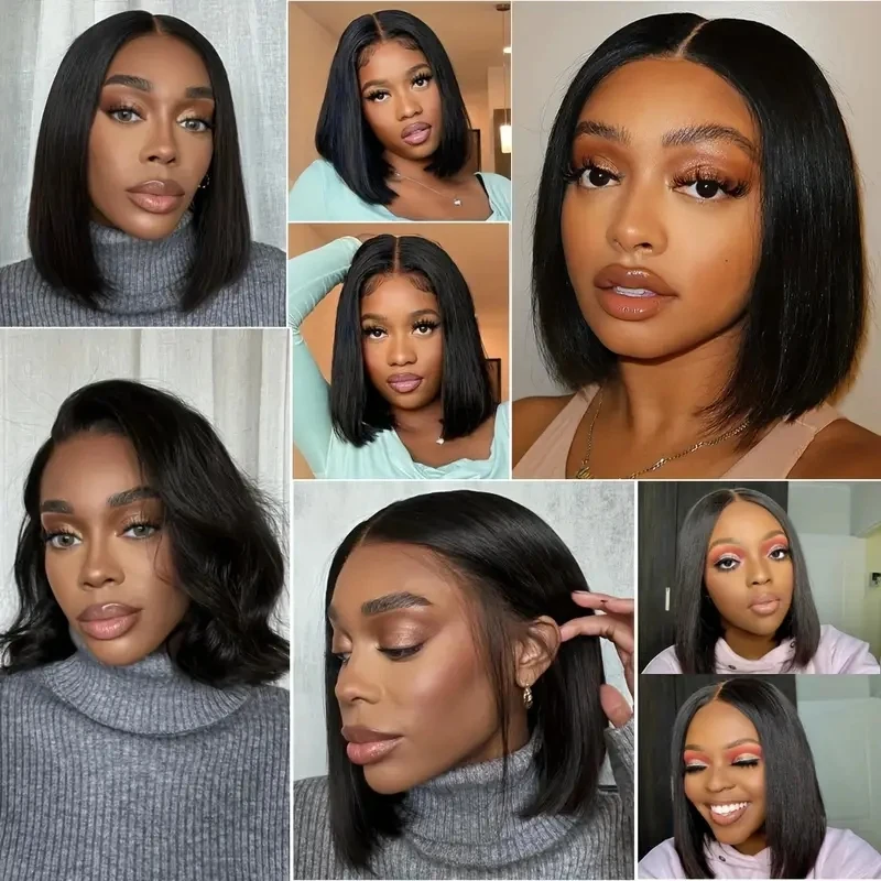 Натуральный Черный Боб Прямой Парик Человеческих Волос 13x1 Прозрачный Фронта